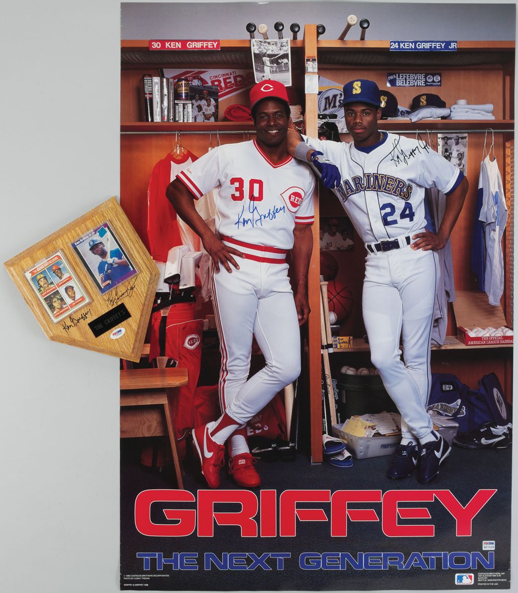 Lot Detail - Ken Griffey Jr. & Sr. Signed 24x36 Poster and dual-signed  wooden home plate display