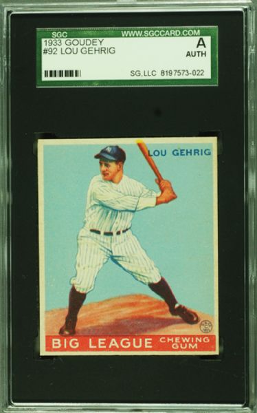 1933 Goudey Lou Gehrig No. 92 SGC Authentic 