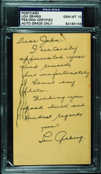 Lou Gehrig Signed GPC with Handwritten Note (1934) (Graded PSA/DNA 10)
