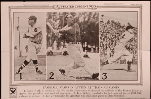 1935 Illustrated Current News Spread with Babe Ruth and Lou Gehrig