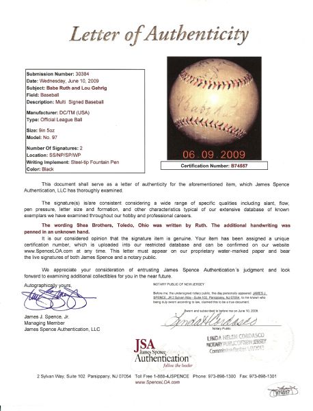 Babe Ruth & Lou Gehrig Dual-Signed Official League Baseball (JSA)