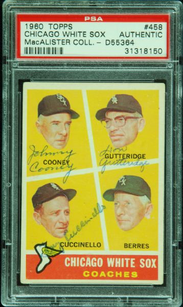 1960 Topps Signed White Sox Coaches with Cooney, Gutteridge, Cuccinello (PSA/DNA)