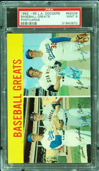 1962-65 LA Dodgers Baseball Greats Postcard PSA 9 with Koufax, Mays, Drysdale
