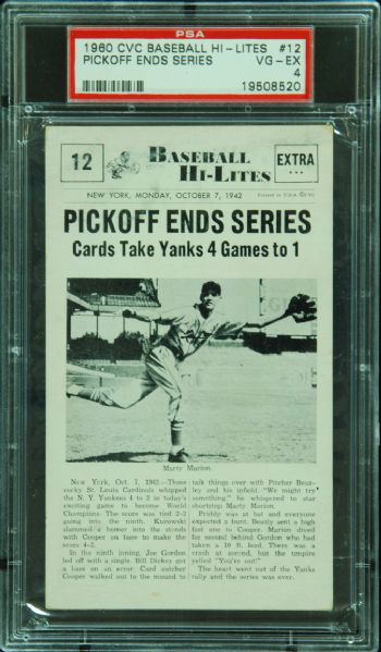 1960 CVC Baseball Hi-Lites Pickoff Ends Series No. 12 (Blank Back) PSA 4