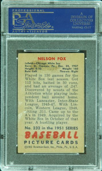 1951 Bowman Nelson Fox No. 232 PSA 2.5