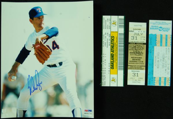 Nolan Ryan lot of 4 with Signed Photo, 300th Win Ticket, 6th No Hitter Ticket