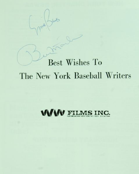 Multi-Signed NY Baseball Writers 54th Award Dinner (14 Signatures) with Musial, Aaron, Billy Martin