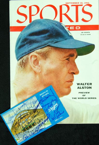 1955 Brooklyn Dodgers Signed Ebbets Field Postcard (14 Signatures) with 1955 SI