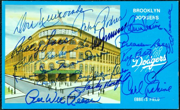 1955 Brooklyn Dodgers Signed Ebbets Field Postcard (14 Signatures) with 1955 SI