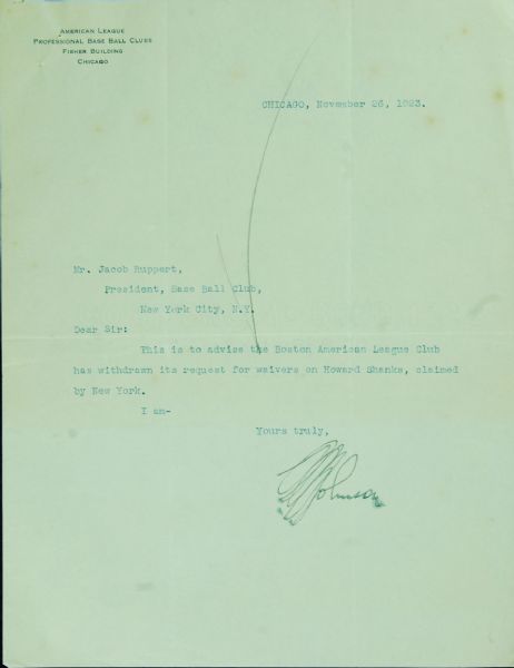 Ban Johnson Signed Typed 1923 Sent to Yankees' Owner Jacob Ruppert (JSA)