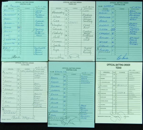 Signed Lineup Cards lot of 6 Signed by Piniella, Charlie Manuel, etc.