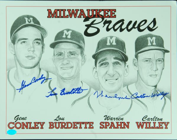 Spahn, Burdette, Conley & Willey Signed 1957 Braves 11x14 Print