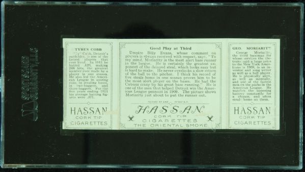 1912 T202 Hassan Triple Folder No. 68 Good Play At Third (Cobb, Moriarity) SGC Authentic