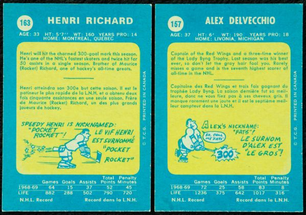 Henri Richard & Alex Delvecchio Signed 1969-70 OPC Cards