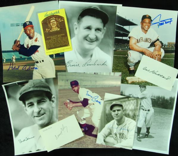 Baseball HOFer Signed Photos lot of 52 with Mays, Aaron, Lombardi, Bucky Harris