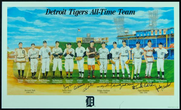 Detroit Tigers All-Time Team Signed Poster (12 Signatures) with Greenberg 