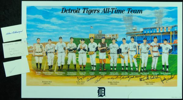 Detroit Tigers All-Time Team Signed Poster (12 Signatures) with Greenberg 