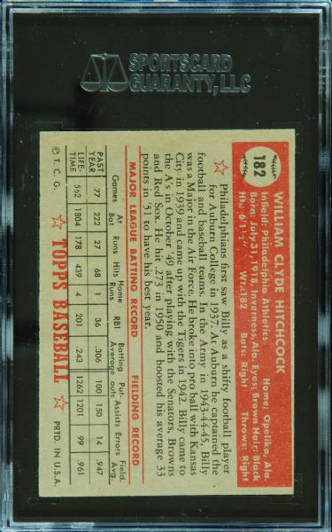 1952 Topps Canadian Billy Hitchcock No. 182 SGC 60
