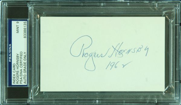 Rogers Hornsby Signed 3x5 Index Card (Graded PSA/DNA 9)