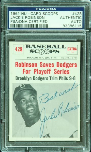 Jackie Robinson Signed 1961 Nu-Card Scoops No. 428 (PSA/DNA)
