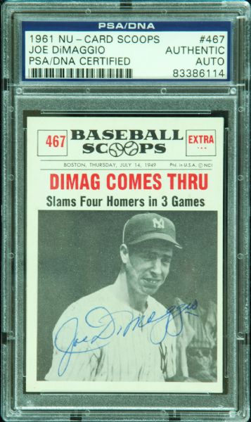 Joe DiMaggio Signed 1961 Nu-Card Scoops No. 467 (PSA/DNA)