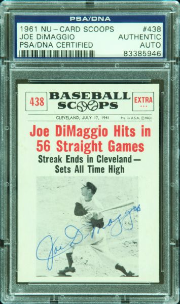 Joe DiMaggio Signed 1961 Nu-Card Scoops No. 438 (PSA/DNA)