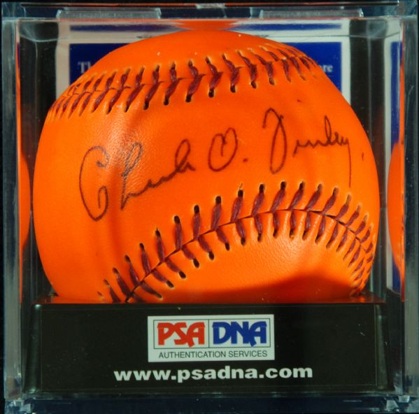 Charlie O'Finley Single-Signed Orange TEST Baseball (Graded PSA/DNA 8)