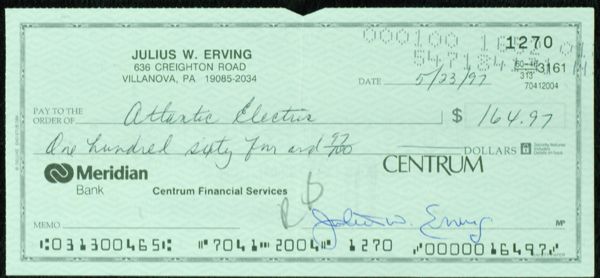 Julius Erving Signed Personal Check (1997)