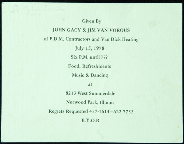 John Wayne Gacy Party Invitation - On the Day & Location of His Arrest (1978)