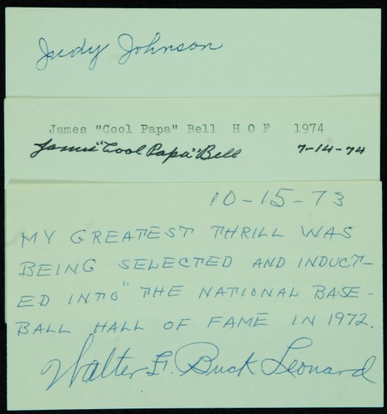 Negro Leaguer Signed Index Cards (3) with Bell, Leonard, Judy Johnson