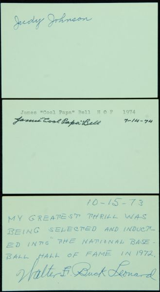 Negro Leaguer Signed Index Cards (3) with Bell, Leonard, Judy Johnson