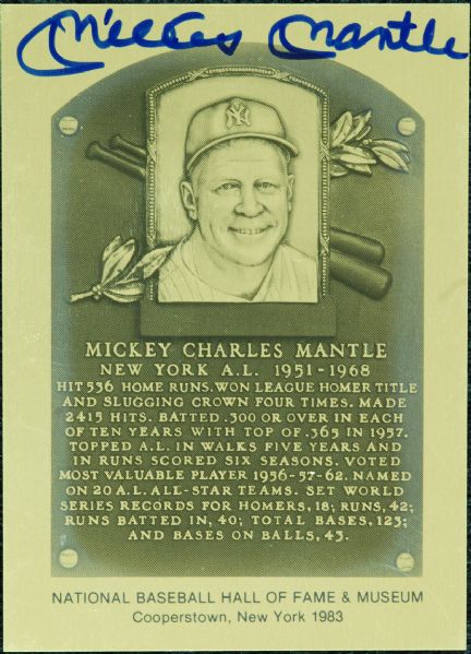Mickey Mantle Signed 1983 Metallic HOF Plaque Card 