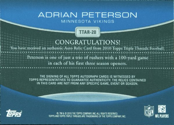 2010 Topps Triple Threads Adrian Peterson Jersey/Autograph 3/18