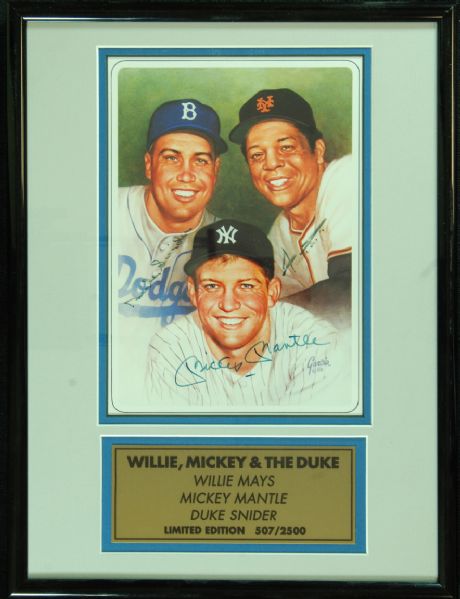 Mickey Mantle, Willie Mays & Duke Snider Signed 8x10 Display (PSA/DNA)