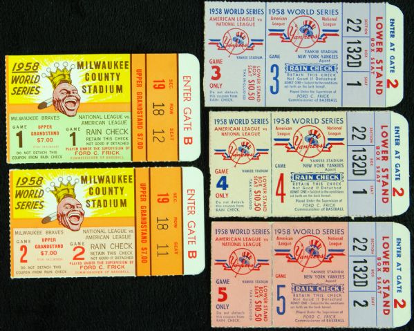 1958 World Series Ticket Stubs (5) for Games 1-5
