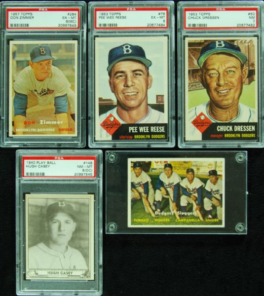 Brooklyn Dodgers lot of 5 with 1953 Pee Wee Reese PSA 6, 1957 Dodgers Sluggers