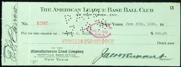 Jack Ruppert & Ed Barrow Signed Yankees Payroll Check (1930)