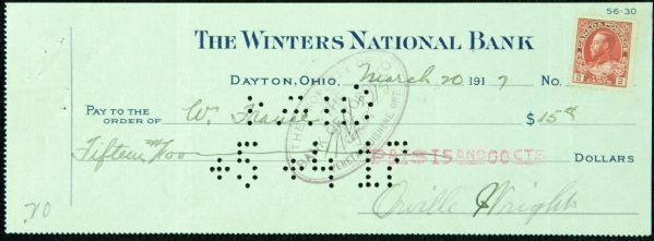 Orville Wright Signed Check (1917) to Wilfred France - Wright's Longtime Caretaker (PSA/DNA)