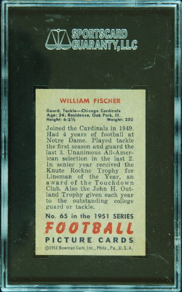 1951 Bowman William Fischer No. 65 SGC 96 (Mint) - Highest Graded