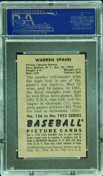 1952 Bowman Warren Spahn No. 156 PSA 8