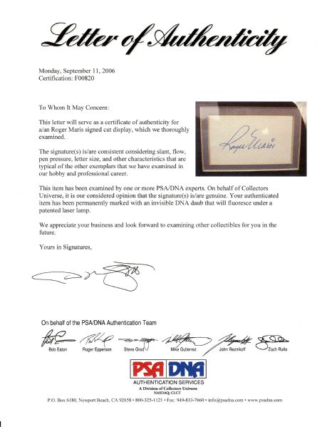 Roger Maris Cut Signature Framed Display (PSA/DNA)