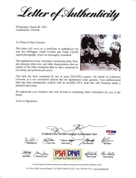 Joe DiMaggio, Frank Crosetti & Dolph Camilli Signed 16x20 Photo (PSA/DNA)