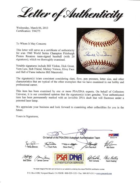 1960 Pittsburgh Pirates Team-Signed Reunion Baseball (20 Signatures) (PSA/DNA)