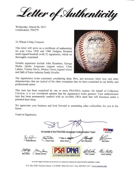 Dodgers Greats Multi-Signed Baseball (32 Signatures) PSA/DNA)