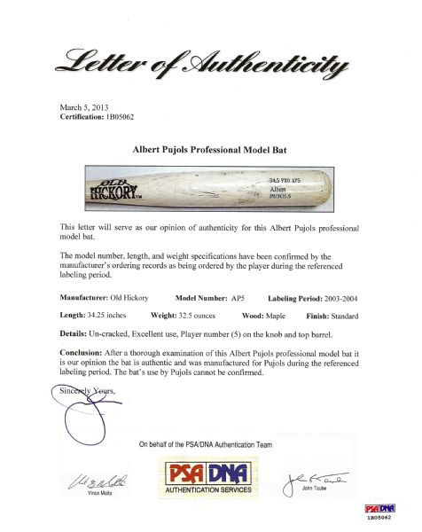 Albert Pujols 2003-04 Game-Used Old Hickory Bat (PSA/DNA)