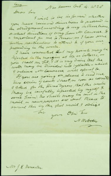 Noah Webster Signed Handwritten Letter (1828) (PSA/DNA)