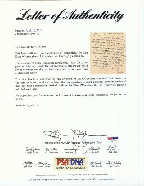 Noah Webster Signed Handwritten Letter (1828) (PSA/DNA)