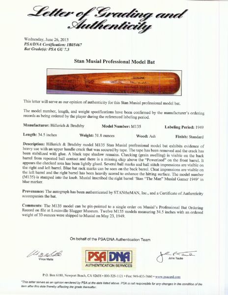 Stan Musial 1949 Game-Used Signed Louisville Slugger Bat Gamer 1949 (PSA/DNA 7.5)