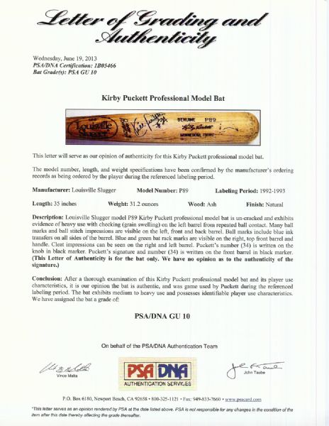 Kirby Puckett 1992-93 Game-Used Signed Louisville Slugger Bat (PSA/DNA 10)