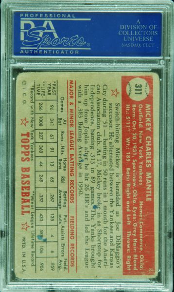 1952 Topps Mickey Mantle No. 311 PSA 1